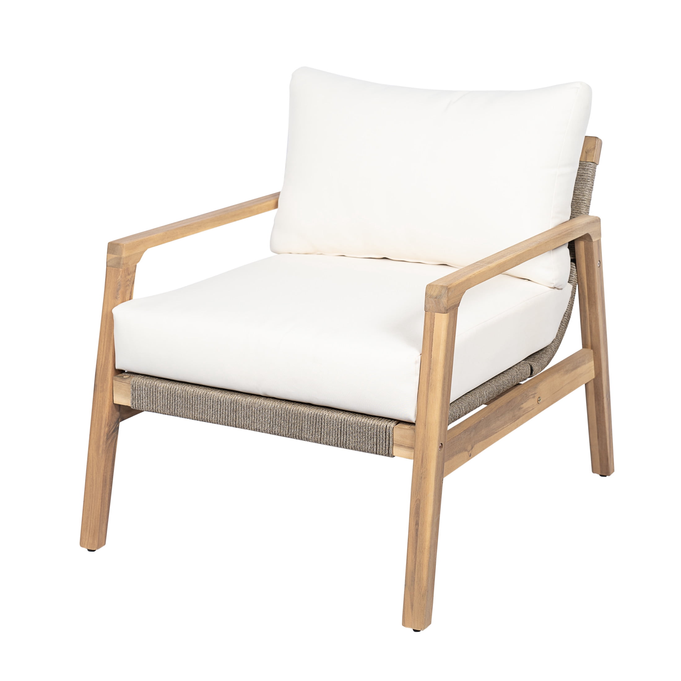 Christopher Knight Home Rustic Outdoor Acacia Wood Club Chair with Curved Rope Back, White Cushion