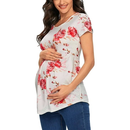 

NIUREDLTD Women s Maternity Nursing Tops Breastfeeding Floral Printed Top Shirt Double Layer Soft Short Sleeve Pregnancy Clothes