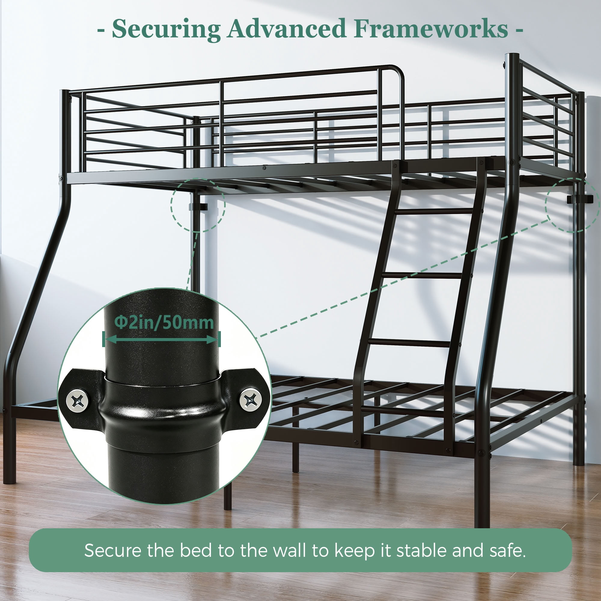 MAYEERTY Twin Over Full Metal Bunk Bed, Heavy Duty 750 lbs Capacity Steel Frame with Guardrail for Kids Adults Dorm Room, Black