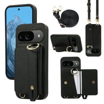 TECH CIRCLE for Google Pixel 9/Pixel 9 Pro Wallet Case, Lanyard Wrist Strap Loop Holder Kickstand Finger Grip Ring PU Leather Shockproof Card Holder Cover for Google Pixel 9/Pixel 9 Pro 6.3",Black