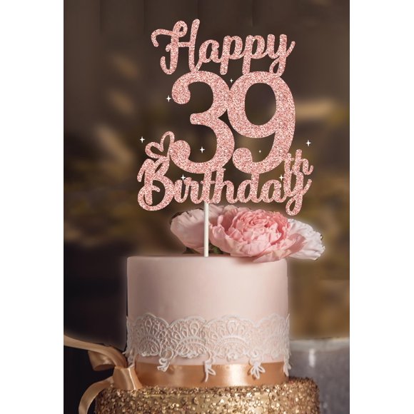 Cake topper Veegood 39.º rosa dorado con brillo 18,5 cm