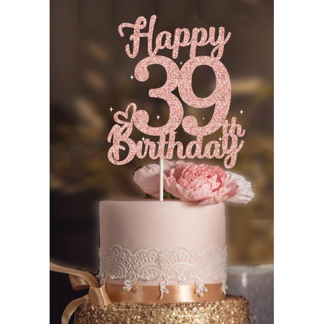 Cake topper Veegood 39.º rosa dorado con brillo 18,5 cm