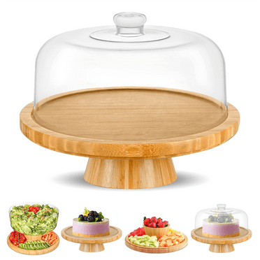 Bamboo Cake Stand with Dome Cover - Multi Function 6 in 1 Cup Cake Holder Serving Platter, 12.8 Inch Round Veggie Stand and Salad Bowl, Decorative Rustic Display Stand Cake Platter