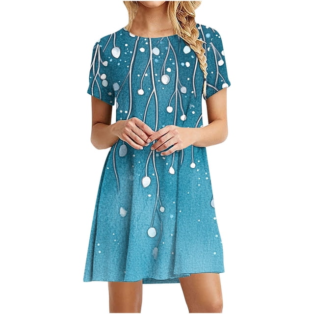 Vestido de Manga Corta para las Mujeres Casual Impreso Cuello Redondo, Vestido de las Señoras para la Primavera Y el Verano de Uso Diario