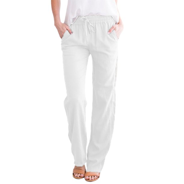 Pantalones De Verano Pantalones cómodos de lino y algodón con bolsillos y cordón para mujer, atuendo diario holgado Ygjytge M Blanco para Mujer
