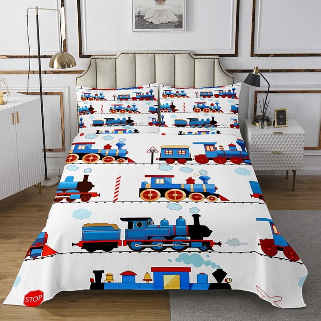 Erosebridal Engine Steam Train Coverlet Set Twin, Cartoon Car Bedding Set, Vehicle Room Decor 2-Piece