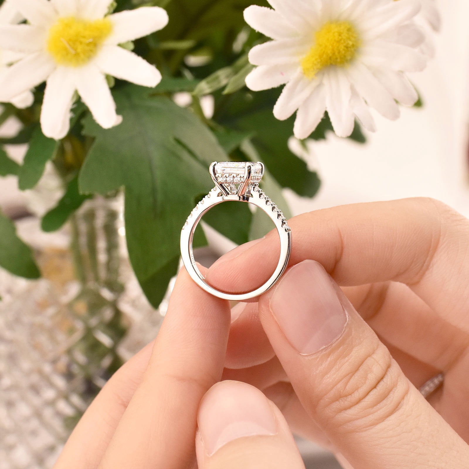 SHELOVES 3 Carat Emerald Cut Engagement Rings for Women AAAAA CZ 925 Sterling Silver Promise Wedding Rings Size 7