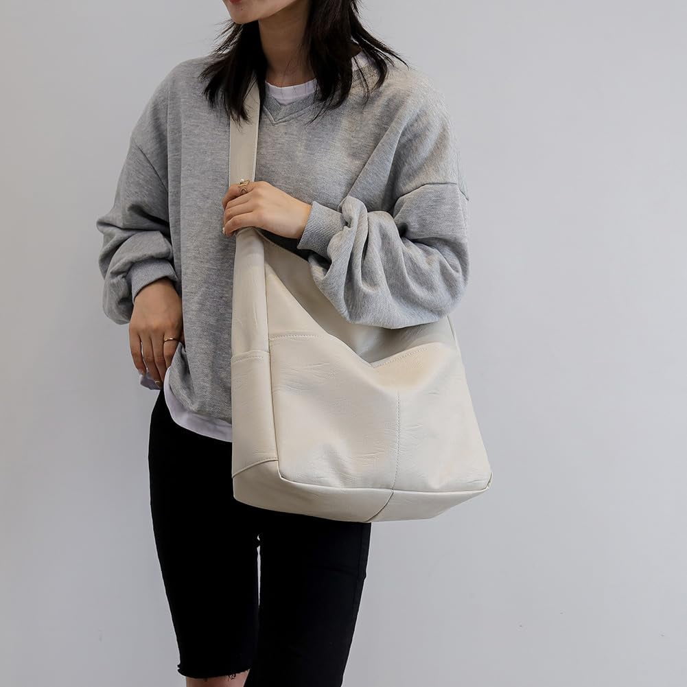 Kukuzhu Faux Leather Tote Bag with Pockets Women Shoulder Bag College Tote Bag Hobo Crossbody Bag for Work Travel
