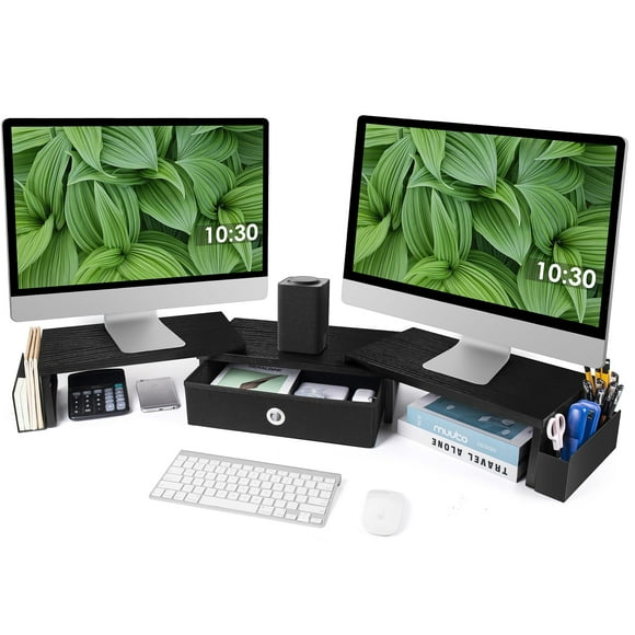 Dual Monitor Stand Riser w/ Drawer & Metal Leg, Large Computer Monitor Riser w/ Storage For 2 Monitors, Desk Shelf For Monitor w/ Adjustable Length & Angle, Desktop Orga