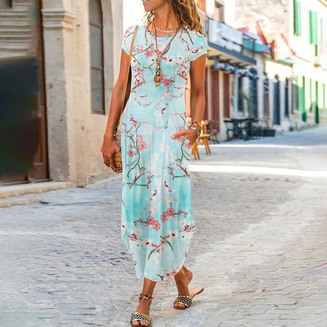 Robes Longues Bohèmes à Imprimé Floral pour Femmes Été Col Rond Manches Courtes Poches Robe Femme Vintage Décontractée Maxi Robes de Soirée