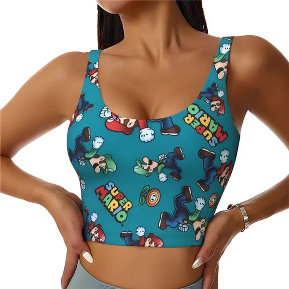 Saiise Mario Print Crop Tops Sports Bra For Women Workout Cropped Tank Top Yoga Shirts Athletic Undershirts -Small