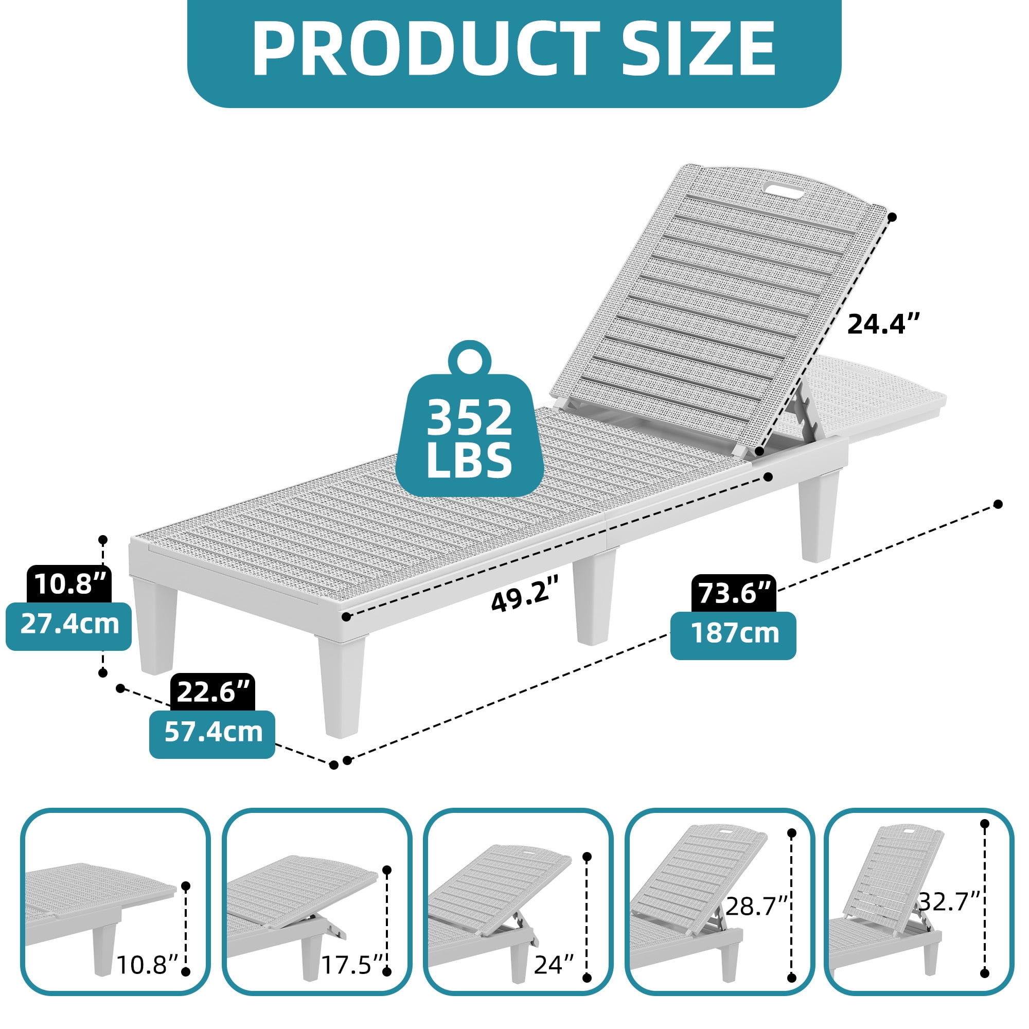 Uforic Outdoor Plastic Chaise Lounge Chair, 5-Position Adjustable Waterproof Poolside Recliner, Easy Assembly Patio Lounger for Garden Backyard, Grayish White, 1 Piece