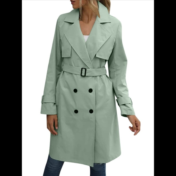 Gabardina Larga Cruzada de Larga para Mujer, Cortavientos, Clásica, con Solapa y Cinturón. Verde M