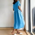 thumbnail image 2 of Abcnature Womens Maxi Dress, Women Solid Round Neck Short Sleeve Cotton Linen Dress, Plus Size Summer Casual Long Dresses, Wedding Guest Dresses Beach Party Dress Blue XXXL, 2 of 6