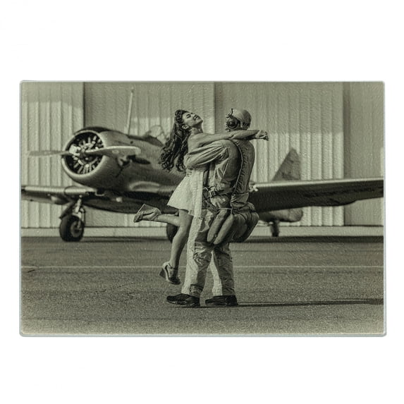 Vintage Airplane Cutting Board, Brunette Young Woman Hugging a Pilot Historical Aircraft Homecoming Image Print, Decorative Tempered Glass Cutting and Serving Board, Small Size, Sepia, by Ambesonne