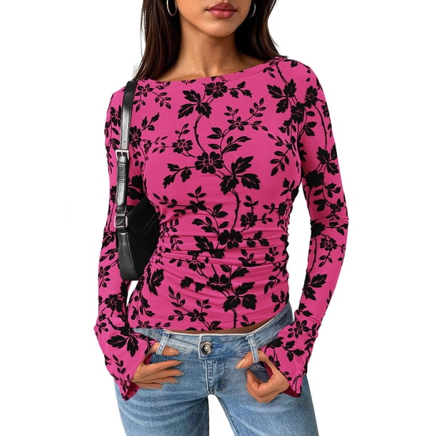 Top PRETTYGARDEN para Mujer con Malla Floral de Manga Larga en Rosa Fucsia