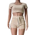 thumbnail image 3 of Daqian Womens Plus Size Shorts Clearance Fashion Women Sexy Solid Color Sportswear Suit 2PC Tracksuit Short Sleeve Sets Plus Size Shorts for Women Beige 8(L), 3 of 6
