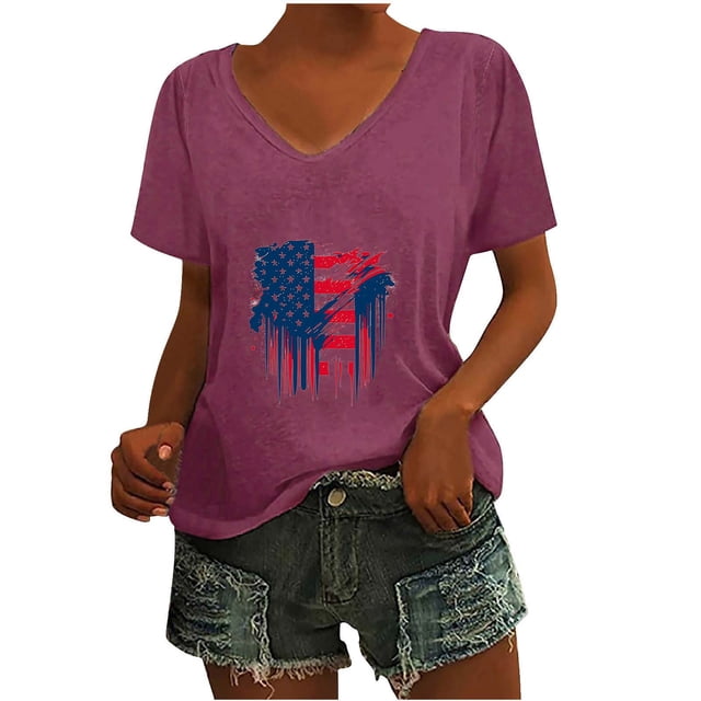 Camisetas Casuales de las Mujeres Gradiente Día de la Independencia Impreso Cuello Redondo, Blusa de Manga Corta para Diario, Fiesta Y Primavera Verano
