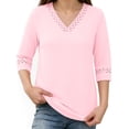 thumbnail image 4 of ClodeEU Women's V Neck Elbow Sleeve Blouse,Casual Loose Fit Solid Color Top Pink,Women's Plus M, 4 of 7
