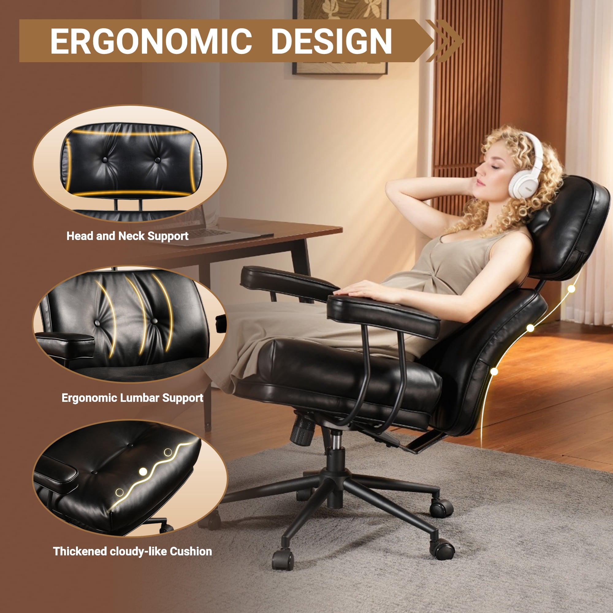 Ovios PU Leather Office Chair High Back Ergonomic Desk Chair with Lumbar Support Mid-Century Executive Computer Chair with Wheels for Home Office, Black