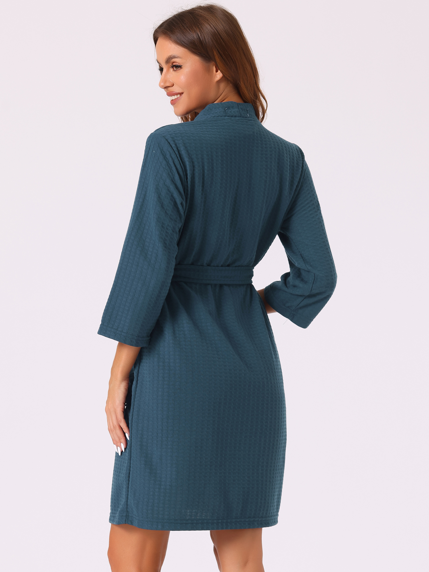 DARING DIVA Women's Waffle Bathrobe Soft Kimono Spa & Bath Mid-Length Robes S Navy Blue