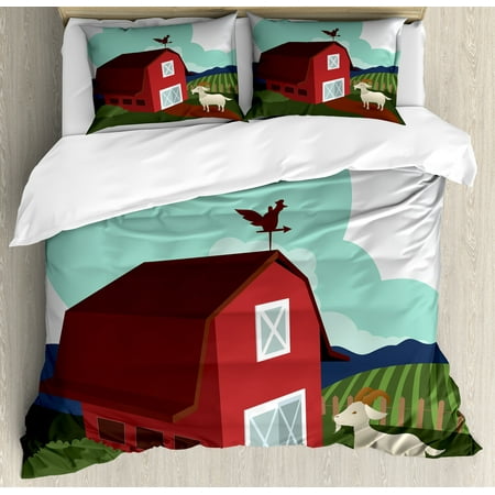 Goat Duvet Cover Set King Size, Rural Cultivated Farmland with Fresh Organic Crops and Country Animals Graphic Image, Decorative 3 Piece Bedding Set with 2 Pillow Shams, Multicolor, by (Best Bedding For Goats)