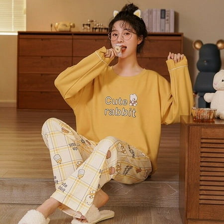 

CoCopeaunt The new pajamas female spring and autumn cotton long-sleeved pants home wear set cartoon cute pajamas set sleepwear pajama