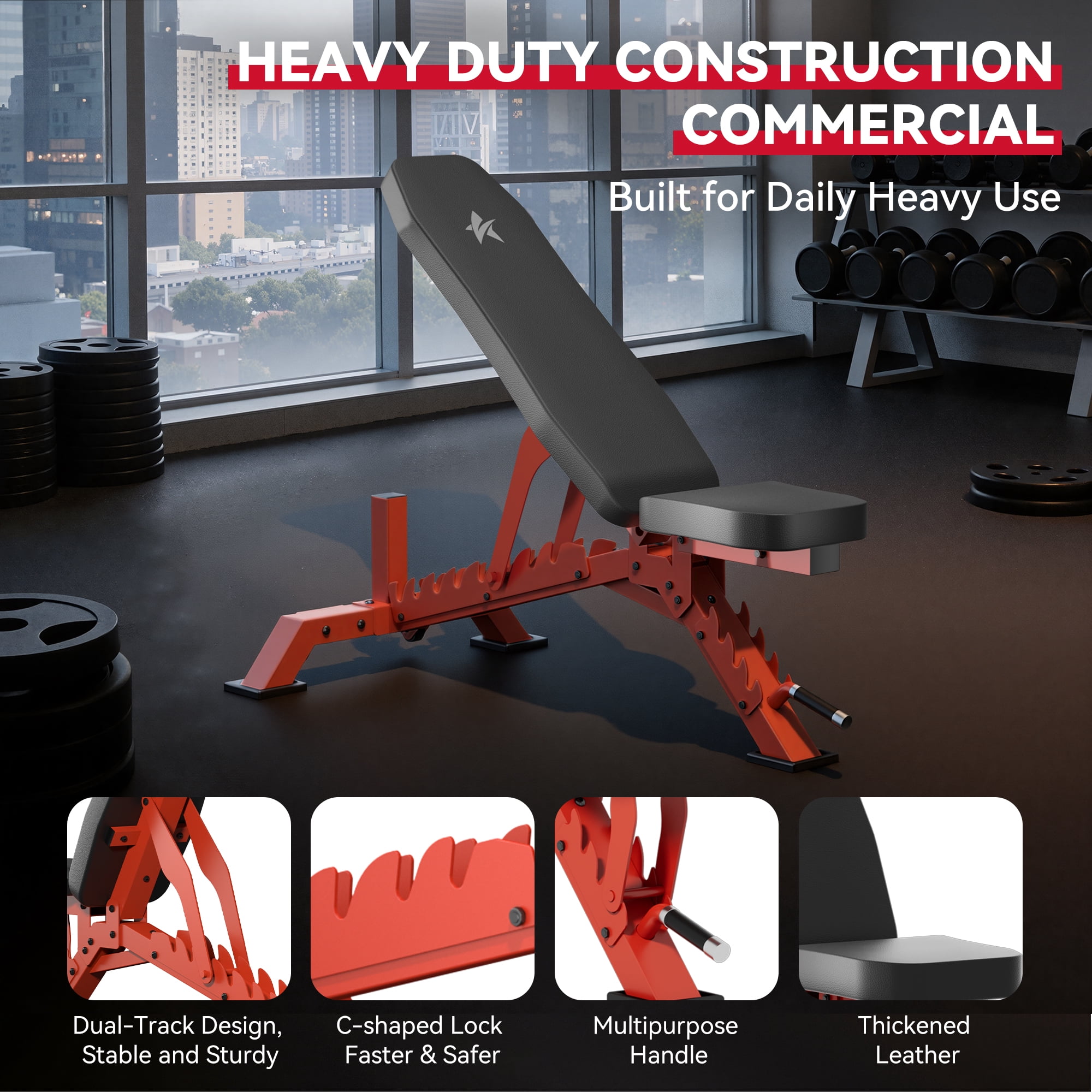 FASTES Adjustable Weight Bench 8 Positions Foldable Workout Bench Heavy-duty Weight Bench Press for Home Gym Full Body Strength Training, Max Weight 1400lbs, Red