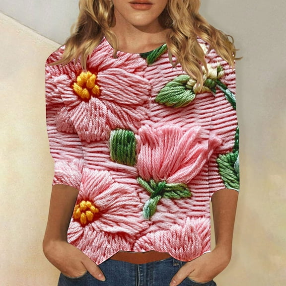 Viikei Fall Women's Round Neck 3/4 Sleeve Top,Ladies' Loose Casual Daily Printed Round Neck Three Quarter Sleeve 3/4 Sleeve T-shirt Pink S