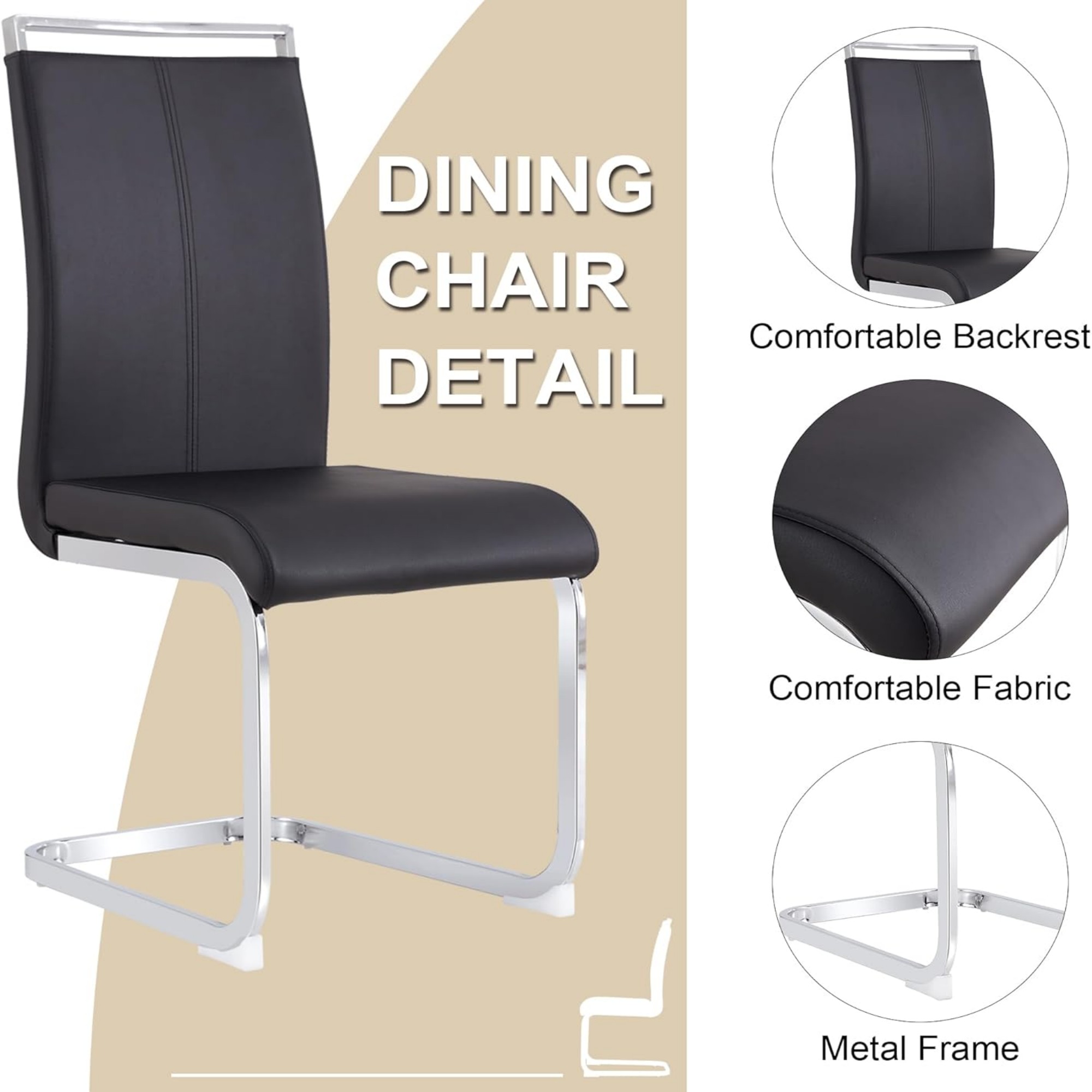 SUDICA Dining Chairs, Black PU Leather Upholstered, Chrome Metal Legs, Set of 2 for Kitchen Dining Room
