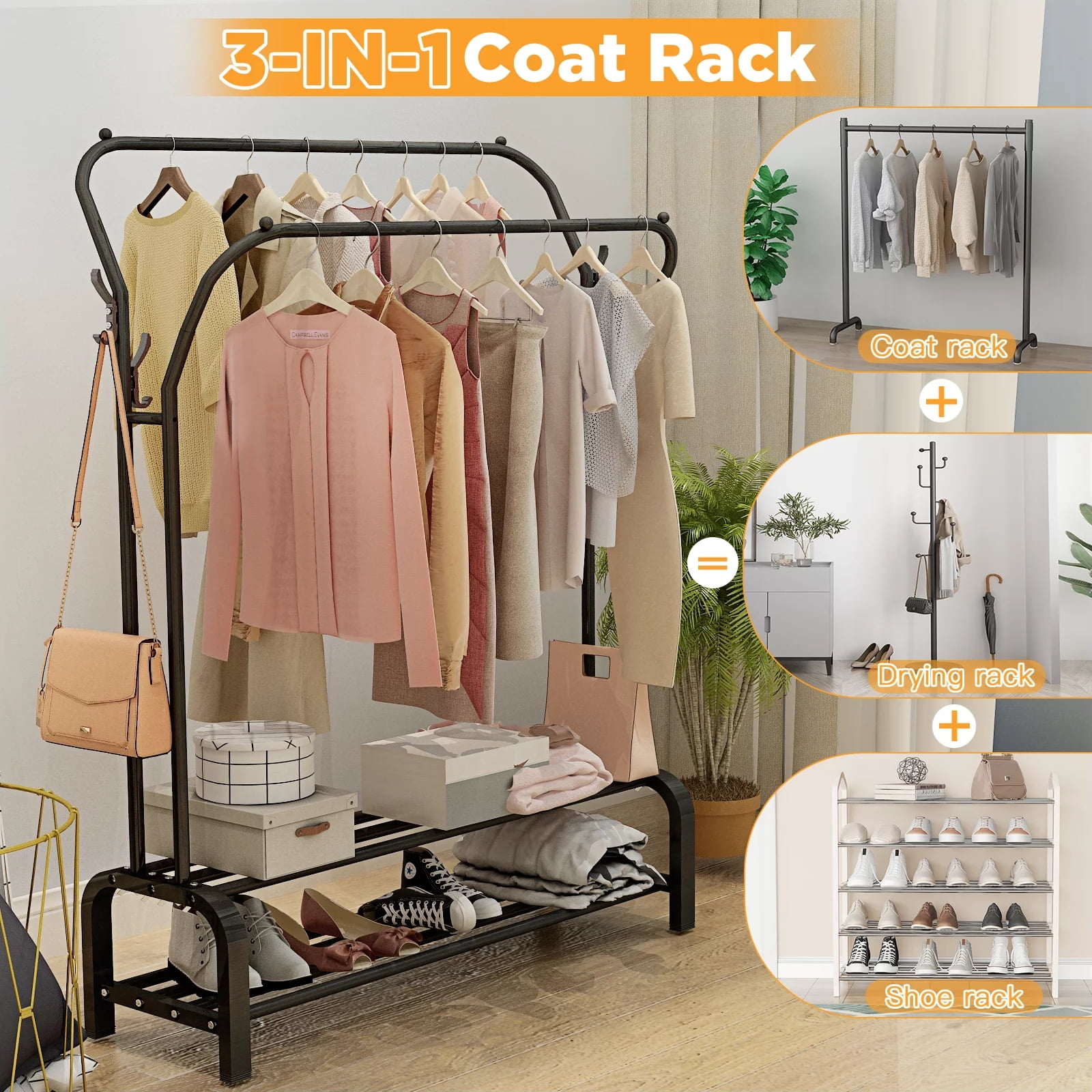 Metal Garment Rack, MultiFunctional Double Rail Clothing Rack 2 Tier for Indoor Bedroom
