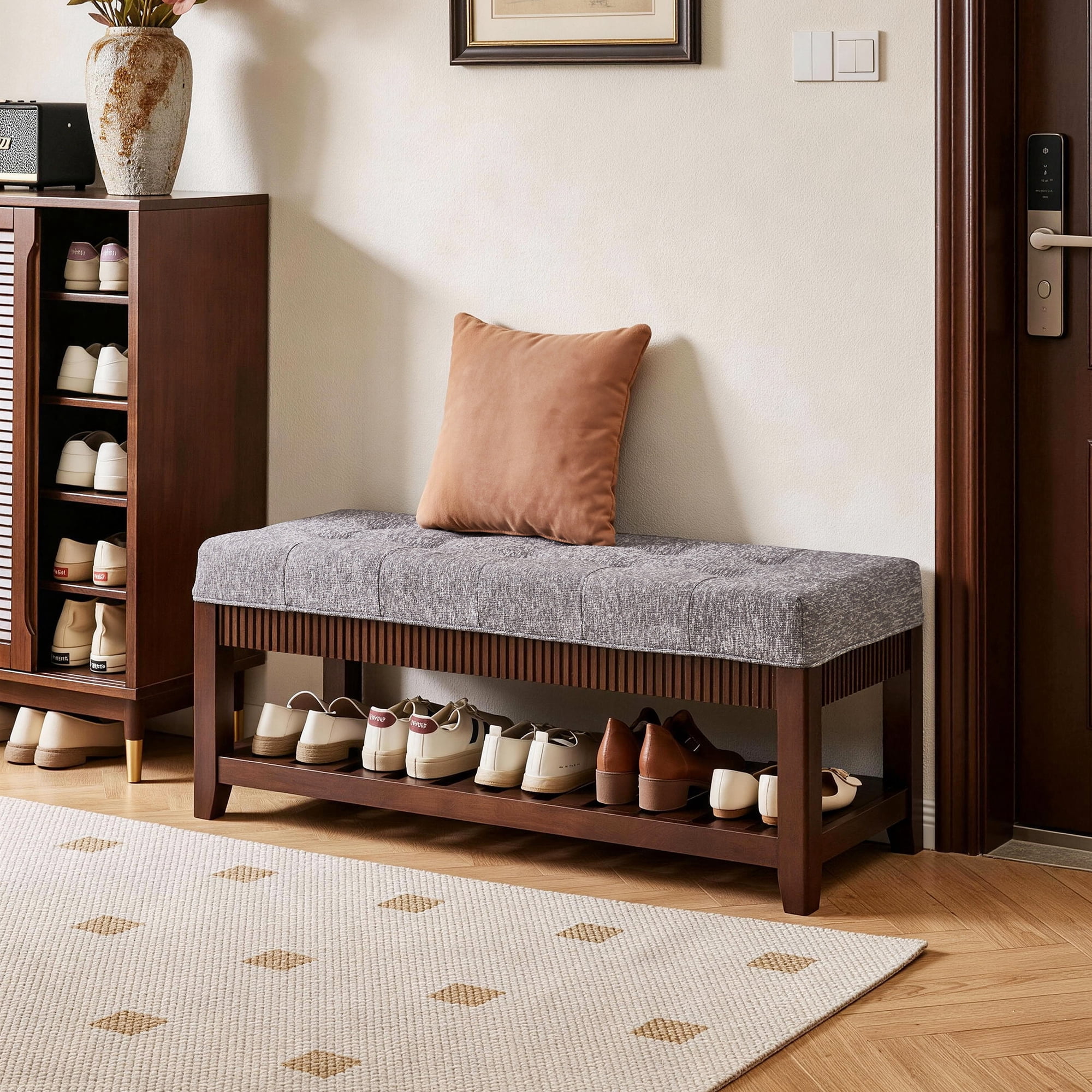 Solid Wood Entryway Bench, Solid Rubber Wood Shoe Bench with Padded Cushion and Lower Shoe Rack, Upholstered Storage Bench for Foyer Hallway Living Room