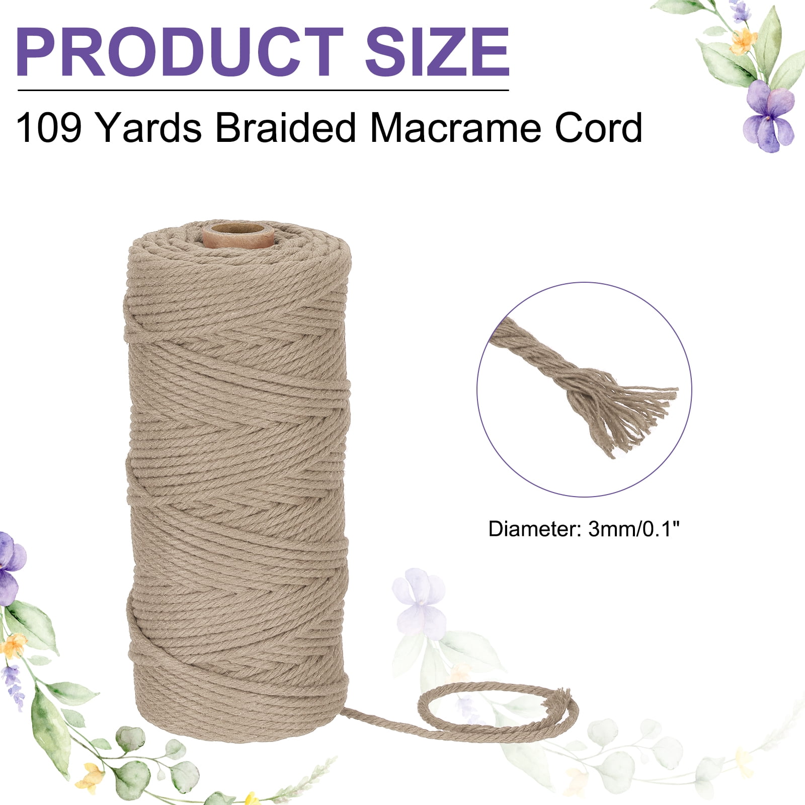 Braided Macrame Cord, 3mm x 109 Yards Natural Cotton Rope Macrame Yarn Bohemia Craft String with Scissors(Light Brown)