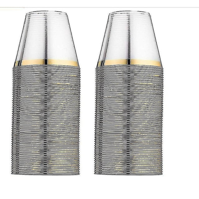 Vasos con borde dorado (paquete de 100) - Vasos de plástico elegantes - Copas de vino desechables - Vasos elegantes dorados para fiestas - Copas de vino de plástico sin BPA para fiestas