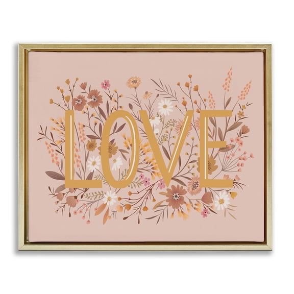 Stupell Industries Bohemian Botanical Love Typography Delicate Floral Details Gold Floating Frame Canvas Art, 31 x 25, by Heather McLaughlin