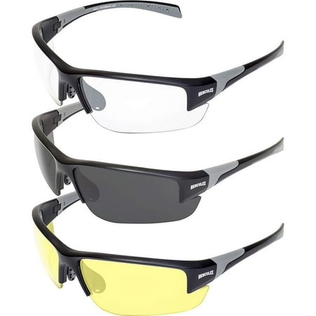 

3 Pair Global Vision Hercules 7 Riding Shooting Safety Glasses Black Frames with Clear Smoke and Yellow Lenses