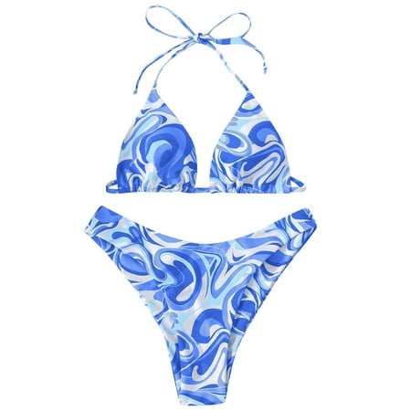 Rigardu Hot Sale!! Women s High Waisted Bikini Sets V Neck Two Piece Bathing Suits Women Floral Print Tie Side Bikini Set Two Swimsuits Blue S