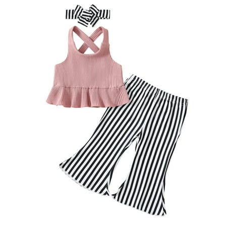 

Toddler Baby Girl Summer Flare Outfits Strap Crop Cami Top Graphic Print Bell-Buttoms Pants Trousers Headband 3Pcs Sets