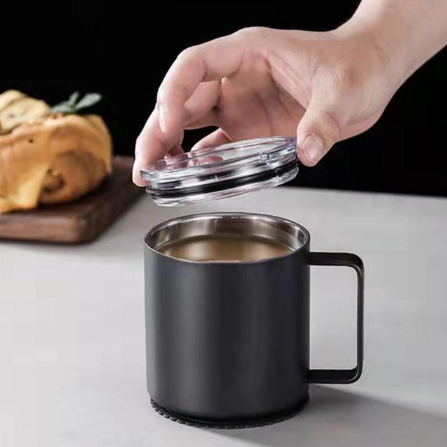 Taza de a prueba de calor con tapa con asa, vaso de doble pared de material acero inoxidable de 350ml, taza de té para , cocina, Camping y coche negro Macarena Taza de café