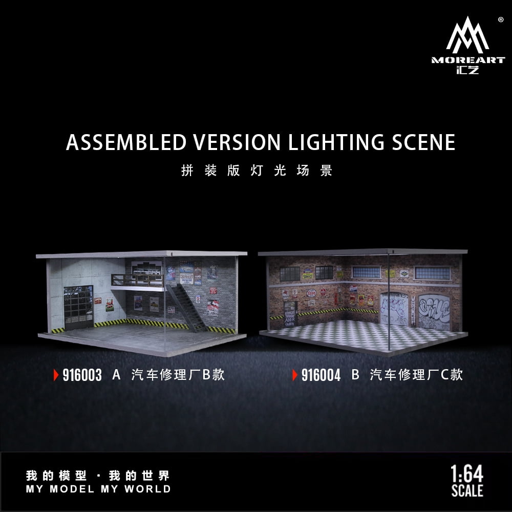 1:64 Scale Diorama Car Garage Model, LED Lighting Shown Scene Display Model, Diecast Car Model Display Case, Parking Lot Showcase, Showroom Scene Building Model Toy Gifts