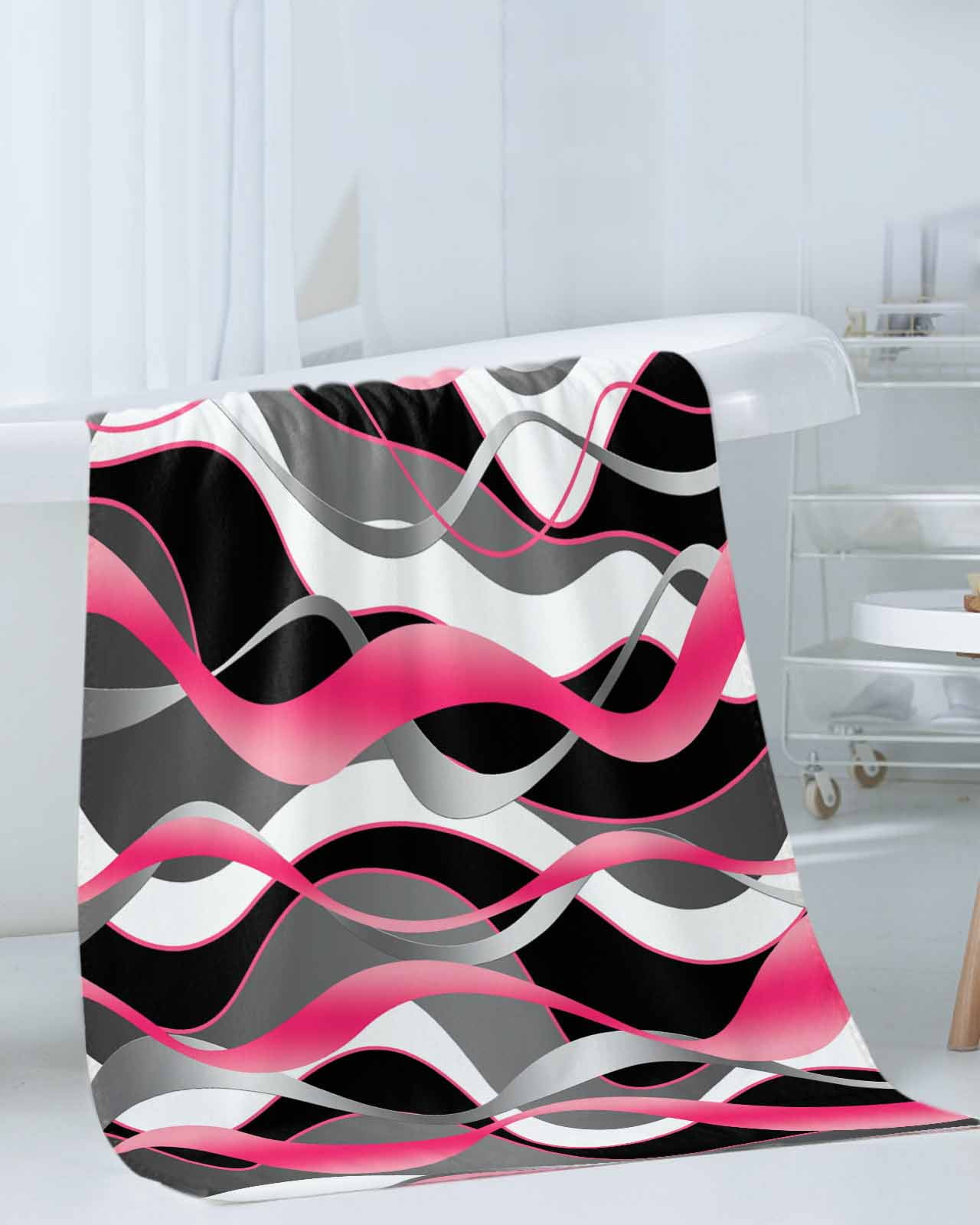 Pink Stripe Bath Towels for Bathroom Set,Luxury Microfiber Towels Gifts for Women,Beach Kitchen Hand Hair Face Towel and Dish Washcloth,Gradient Grey Moire Geometric Modern Abstract Towels+Set