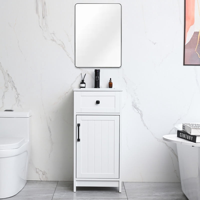 Wonline 16 inch Bathroom Vanity with White Ceramic Sink Combo for Small Space,Modern Bathroom Storage Vanity with Soft-Close Doors Adjustable Shelf(White)