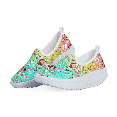 

WHEREISART Surgeon Nurse Printed Summer Women Shoes Flats Platform Ladies Heightreasing Swing Slimming Shoes Woman