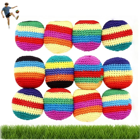 12Pcs Footbags Sacks, Novelty Hand-Made Knitted Hacky Bag Sack, Fun Crochet Footbag for Adults Beginners, Outdoor Party Game & Training