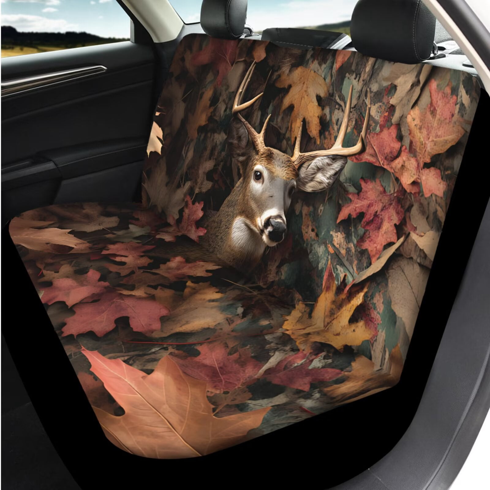 Binienty Deer Hunting Camo Car Seat Covers Full Set 14 Pack with Car Steering Wheel Cover Armrest Cushion Pad Headrest Covers Seat Belt Pads Vehicle Interior Accessories Set