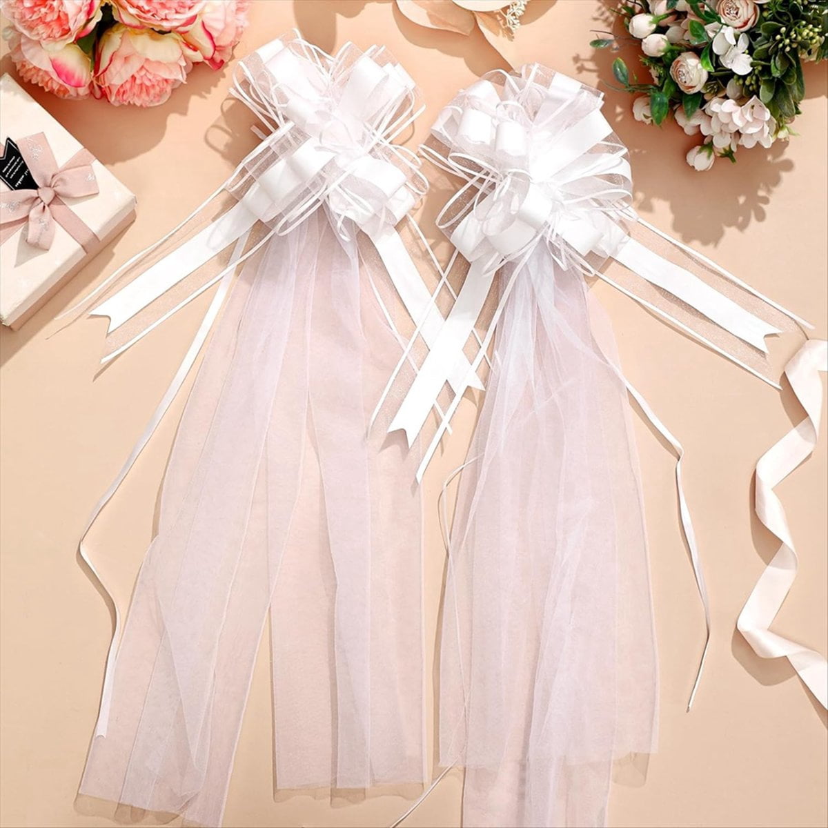 Large White Wedding Pew Bows with Long Tulle Chair Aisle Decorations Car Decoration