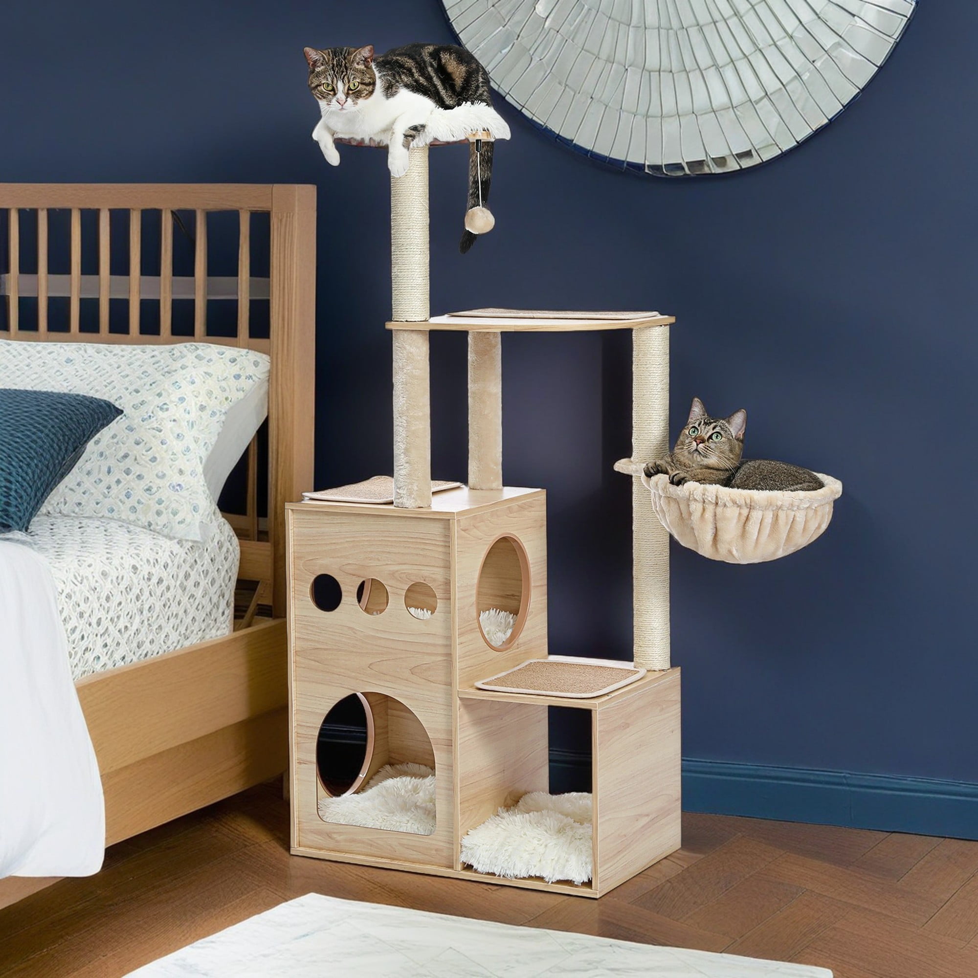 resenkos 49" Cat Tree Tower for Indoor Cats Wood Multi-Level Cat Tower Cat Sky Castle with 2 Cozy Cat Condos, Perch, Hammock and Dangling Toys Ball, Beige