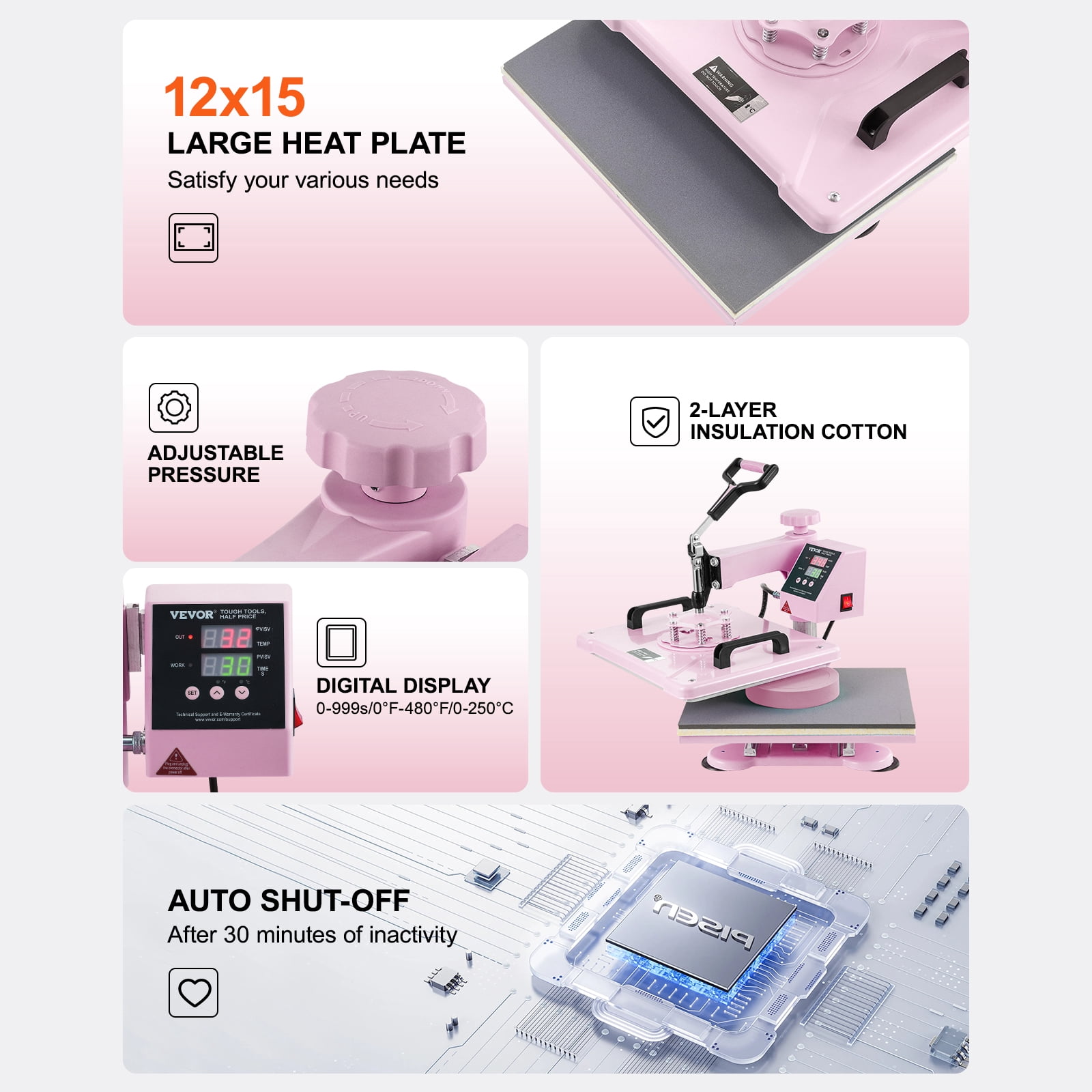 VEVOR Heat Press Machine, 12 x 15 inch, 8 in 1 Heat Transfer Machine with 6-30 oz Tumbler Press, 360° Swing Away T-Shirt Pressing, Digital Precise Control, for T-Shirts/Mugs/Hats/Plates, Pink