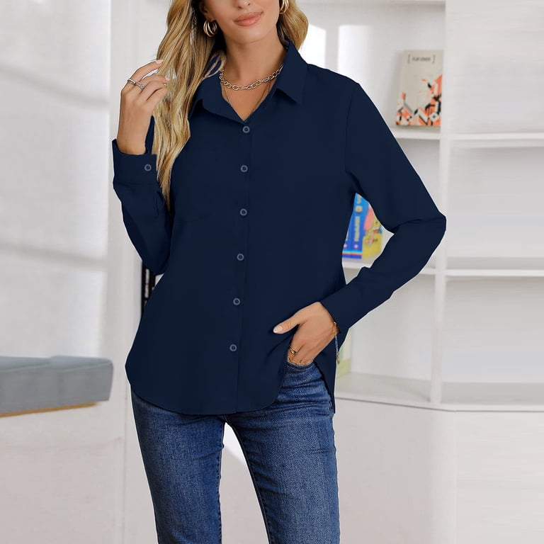 navy blue dress shirts for women Elegant Office Women's Shirt Full Length Sleeves Blue Womens Tops Casual Button