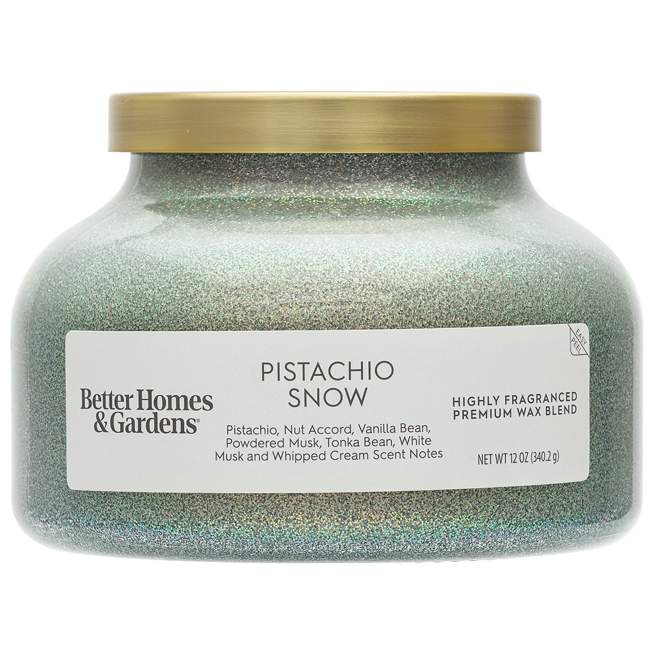 Better Homes & Gardens 1-Wick Holiday Scented Glitter Jar Candle, Pistachio Snow, 12oz.